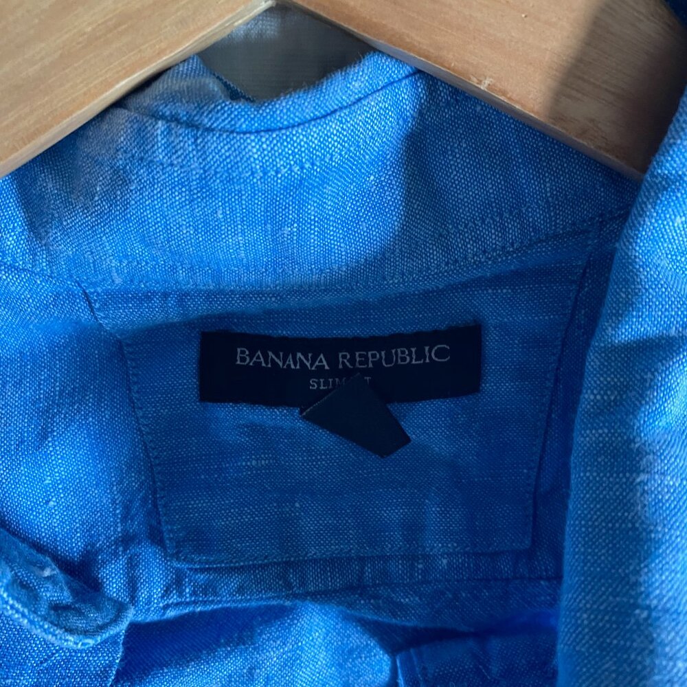 Men's Medium Slim Fit Banana Republic Linen Cotton Blend Blue Button-Down